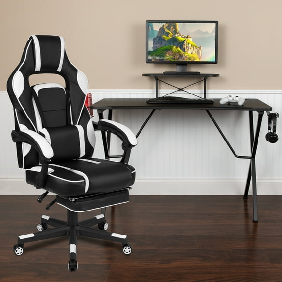 Flash Furniture Black Gaming Desk with Cup Holder/Headphone Hook/Monitor Stand & White Reclining Back/Arms Gaming Chair with Footrest