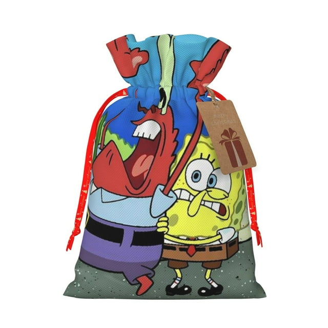 Zufioo SpongeBob SquarePants Print Christmas Drawstring Gift Bags, Holiday Party Packaging Bags, Suitable for Holiday Gift Decorations-Small