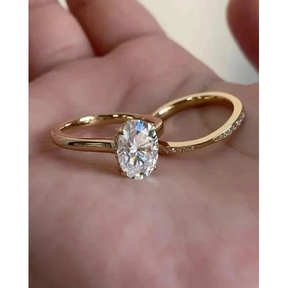 3TCW Oval Cut Lab Created Diamond Bridal Set Wedding Ring Set 14K Yellow Gold Plated