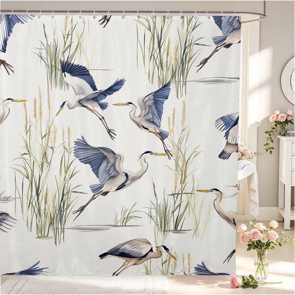 Erosebridal Coastal Heron Animals Shower Curtain 72Wx72L,Rustic Wildlife Bathroom Curtain,White Blue
