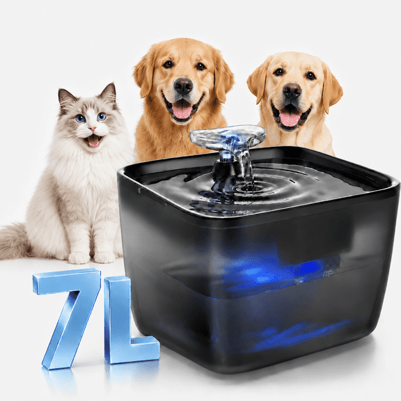 Pawdippity 7L Dog Water Fountain with Filter, for Multi-Pet Households, Visible Water Level, Quiet Pump, Black