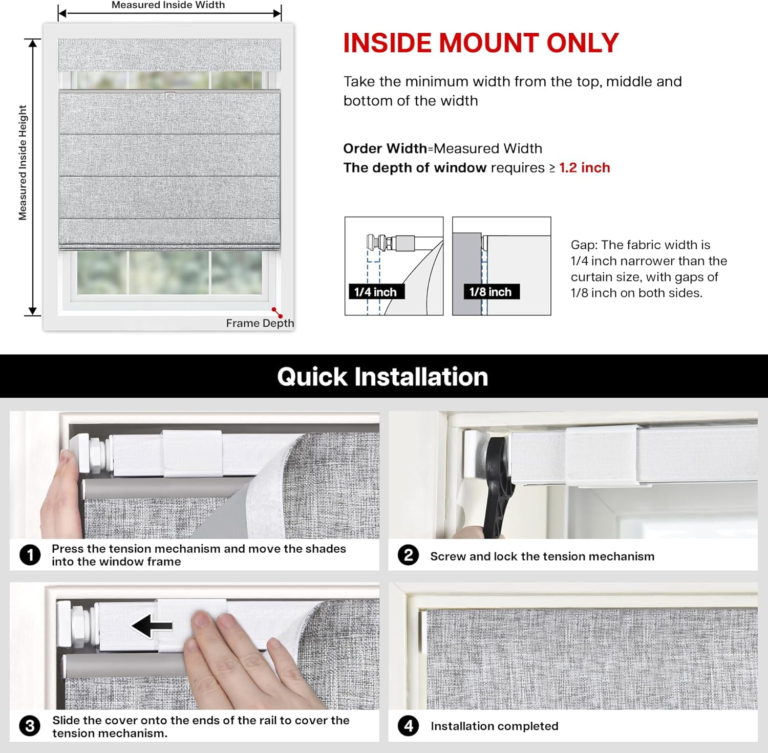 LazBlinds No Tools No Drill TDBU Cordless Roman Shades for Window, Thermal Insulated UV Blocking, 100% Blackout Fabric Blinds for Bedroom & Living Room, 45"W x 64"H, Blackout - Grey