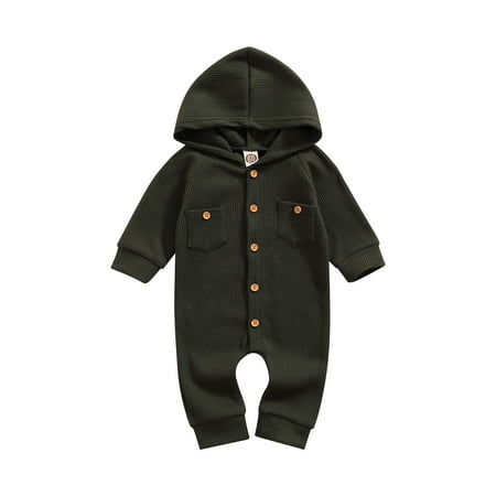 

Herdignity Baby Waffle Hooded Jumpsuit Solid Color Long Sleeve Romper with Pockets