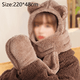 thumbnail image 2 of Women Girls Cute Winter Hats 2 in 1 Warm Plush Hoodie Cap Paw Gloves Mitten Scarf Set - Camel, 2 of 5