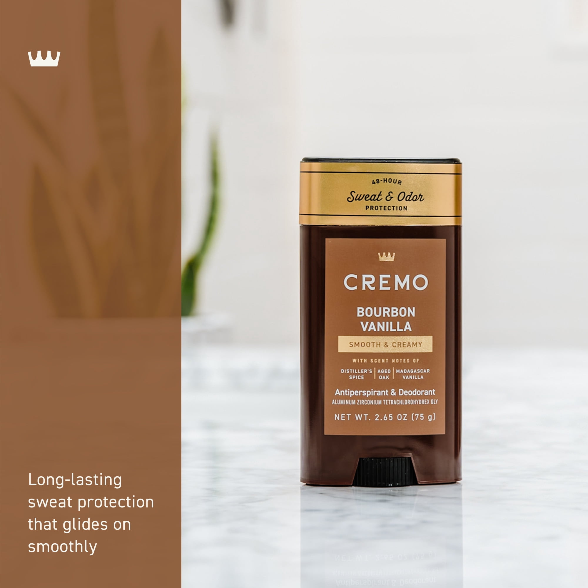 Cremo Men's Deodorant & Antiperspirant, Bourbon Vanilla Scent, 2.65 oz