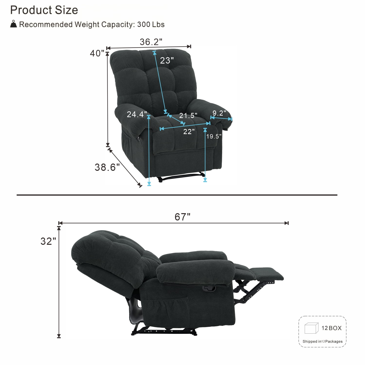 CISILOV Overstuffed Recliner Chair, Ergonomic Manual Push Back Lounge Chair with Padded Footrest, Plush Armchair 38.6 Inch for Living Room Home Theater Reading Nook and Relaxation, Dark Gray