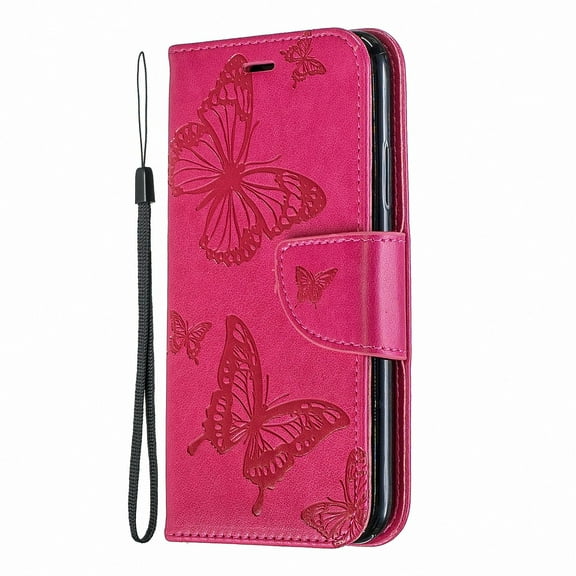 Allytech iPhone X Case, iPhone XS Case, Slim Fit PU Leather Folio Butterfly Embossed Shockproof Wrist Hand Strap Flip Cards Holder Wallet Case TPU Back Cover for Apple iPhone XS/X, Red