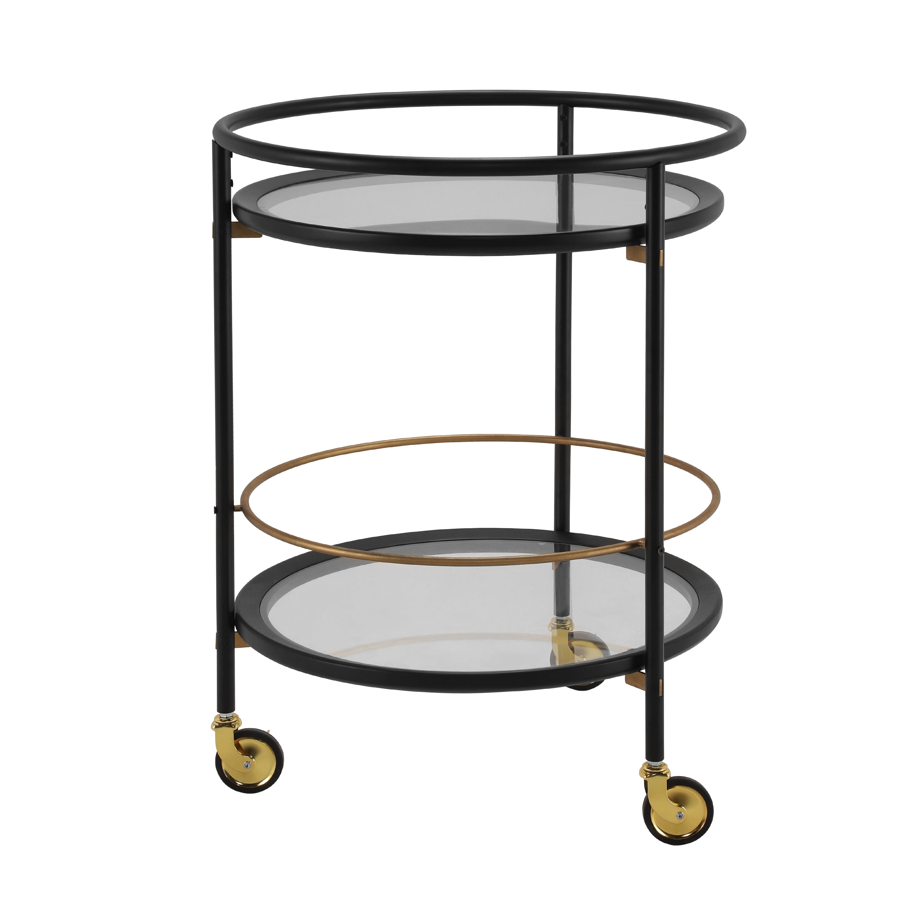 Round Bar Cart with Tempered Glass Shelves and Gold Accents