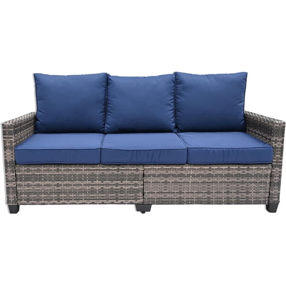 Decksplore 3-Seat Outdoor Sofa with High Back, Premium Resistant Rattan and Cushions Weather with Deep Seat for Patio Backyard Porch Balcony, Blue