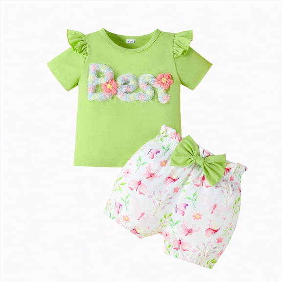 NIEWTR Toddler Baby Girl Summer Clothes Floral Letters Print Short Sleeve T-Shirt Tops Solid Shorts Outfit Set(Light Green,12-18 Months)