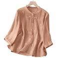 thumbnail image 4 of tarylea Cotton Linen Tops for Women Embroidery 3/4 Sleeve Button down Crew Neck Blouse Tops Casual Boho Dressy Tops, 4 of 9