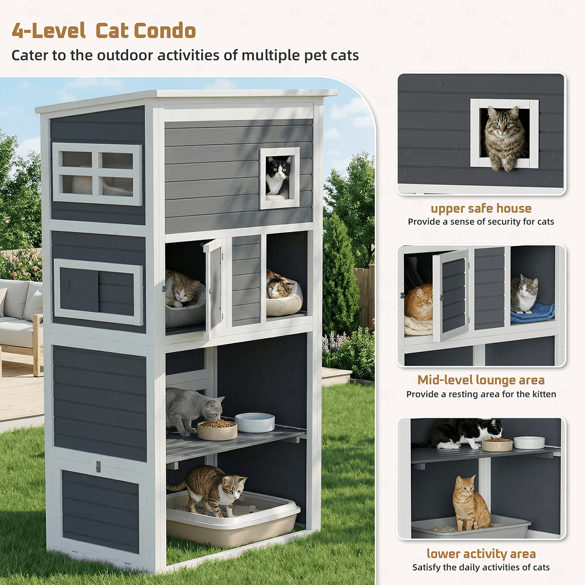 TPHORK Large Catio Outdoor Cat Enclosure, Wooden Cat Cage Indoor Cat House Playpen for Multiple Cats with Waterproof Roof,Platforms, Resting Box, Bridges, Hammock, Ladder,76"L x 36"W x 69"H(White)