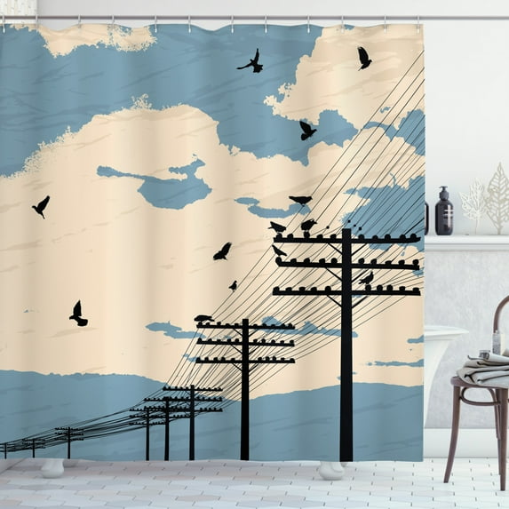 Bird on a Wire Shower Curtain, Modern and Romantic Sky of Doves and Electricity Poles, Fabric Bathroom Set with Hooks, 69W X 75L Inches Long, Blue Grey Beige Charcoal Grey, by Ambesonne