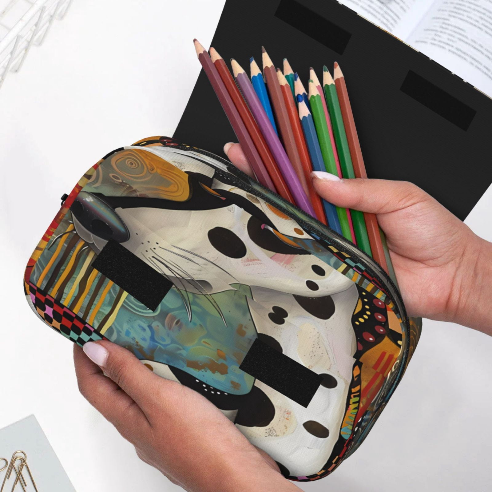 Rateoe Abstract Dalmatian Art Pattern Double Clamshell Pen Case, Storage Organizer with Two Zipper Compartments– Holds Up to 50 Pencils & Pens