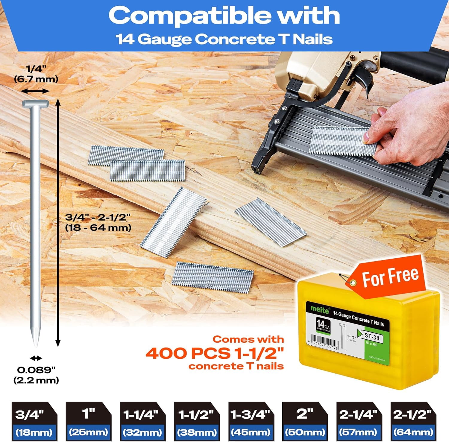 MEITE Concrete T Nailer Long Nose Nails Gun with 400 PCS 1-1/2" Nails Heavy Duty Galvanized