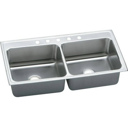 Elkay DLR4322105 Gourmet Lustertone Stainless Steel Double Bowl Top Mount Sink with 5 Faucet Holes