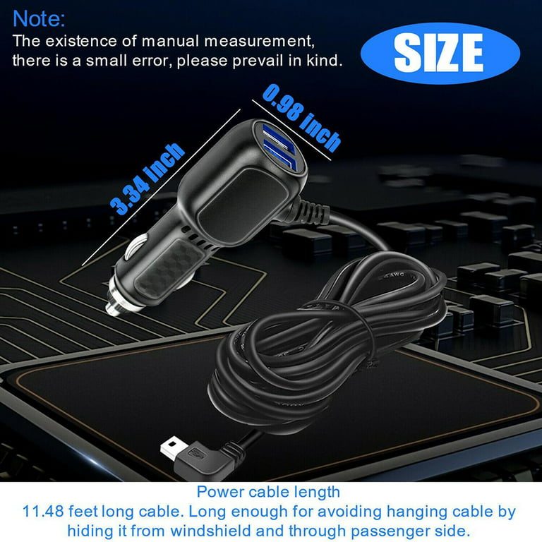 Dash Cam Car Charger Mini USB Cable 11.5ft Power Cord Supply for DVR Camera  GPS