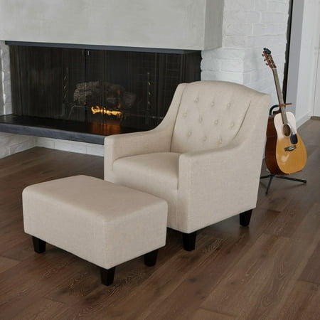Elaine Tufted Fabric Club Chair and Ottoman - Beige ...
