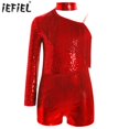 thumbnail image 2 of Traje de baile latino Cha-Cha Tango para niñas, mono metálico con borlas, cuello Halter, un hombro, lentejuelas brillantes, leotardo de patinaje artístico, 2 of 5