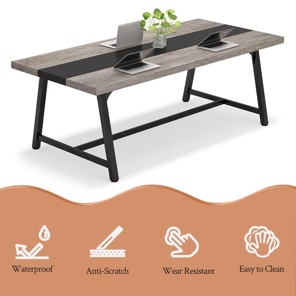 KIOOTTO 6FT Modern Conference Table, 71" Large Office Meeting Table for 6-8 People, Heavy-Duty Metal Frame Industrial Desk, Grey & Black