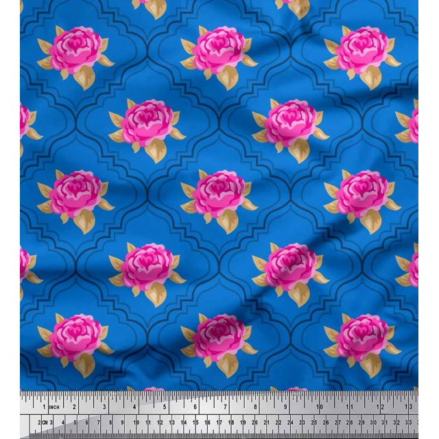 Soimoi Tissu Popeline de Coton Design Quatrefoil, Imprimé Floral Feuilles et Roses au Mètre 42 Pouces de Large