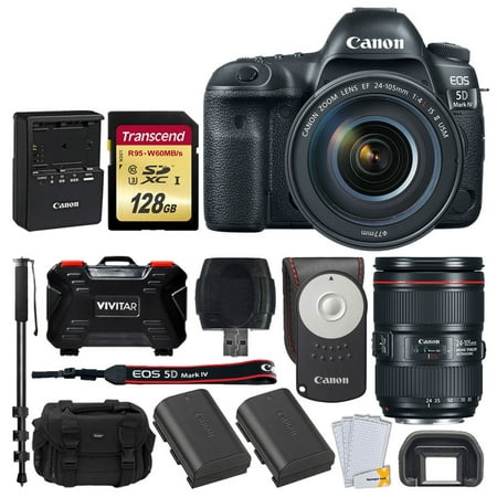 Canon EOS 5D Mark IV DSLR Camera + EF 24-105mm f/4L IS II USM Lens + Transcend 128GB SDXC Memory Card + Canon RC-6 Wireless Remote + Canon Battery Pack LP-E6N + SLR Large Gadget Bag +