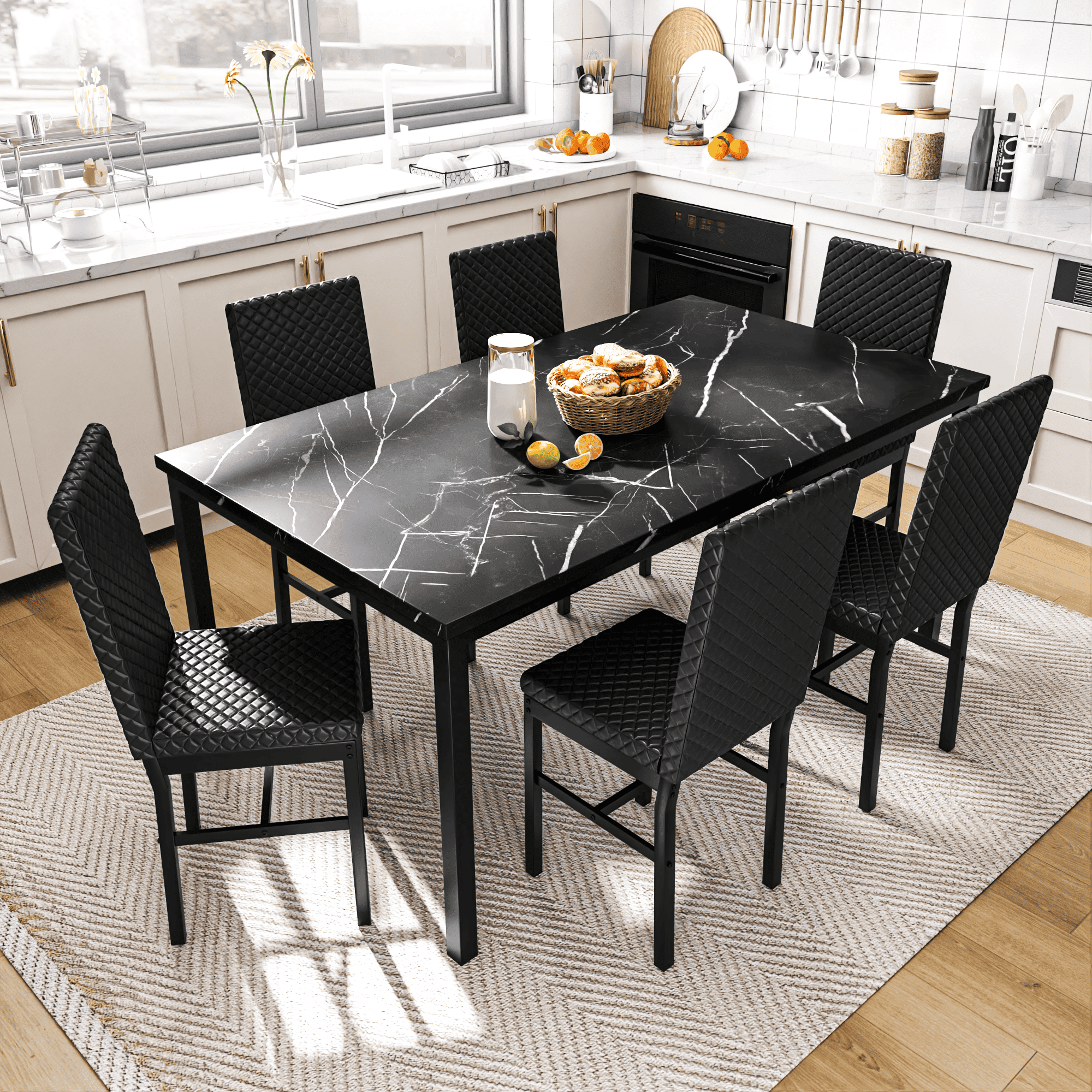 LinkRomat 7-Piece Modern Dining Table Set for 6, Faux Marble Table with PU Leather Chairs, Black