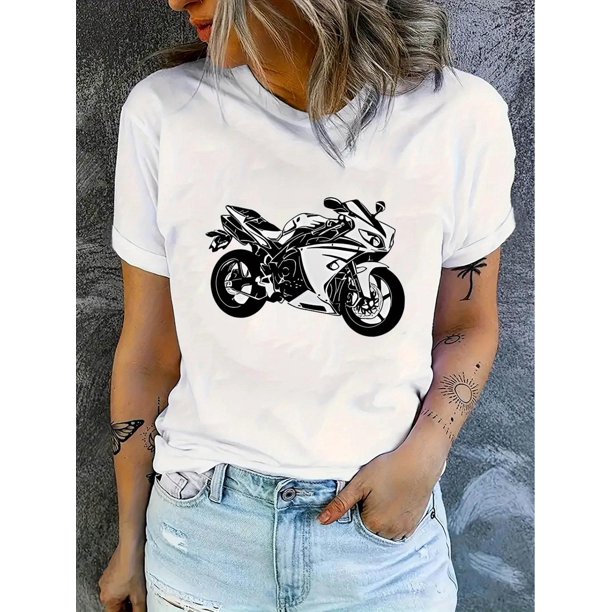Camiseta De Verano Mujer1pc Women'S Casual Crew Neck T-Shirt with Geometric Motorcycle Print, Polyester Knit Fabric, Medium Stretch, All-Season Fashion TopFather's Day, Mother's Day, New Year, Sprin