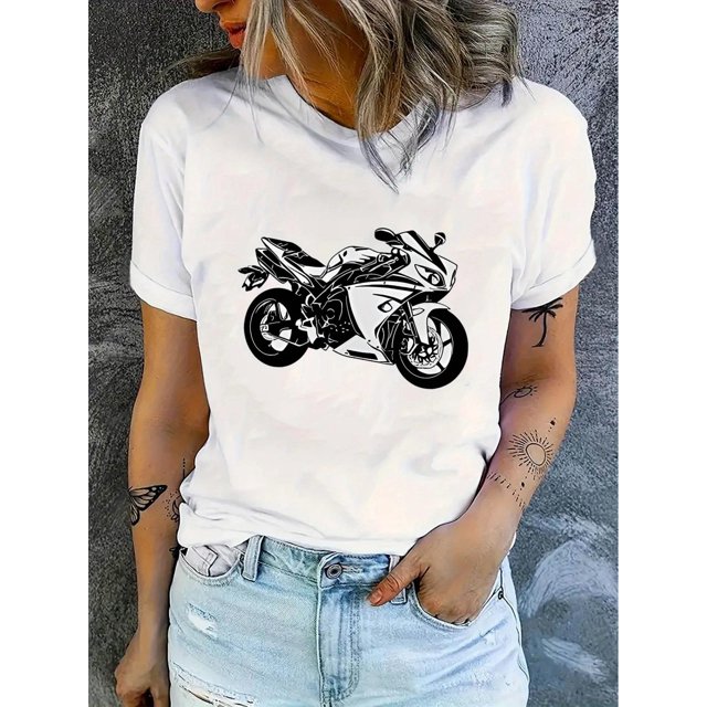 Camiseta De Verano Mujer1pc Women'S Casual Crew Neck T-Shirt with Geometric Motorcycle Print, Polyester Knit Fabric, Medium Stretch, All-Season Fashion TopFather's Day, Mother's Day, New Year, Sprin