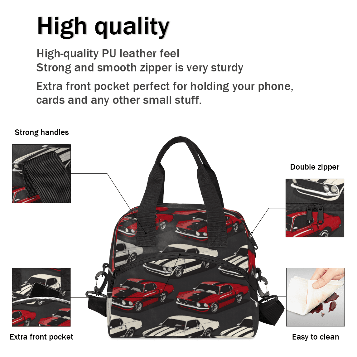 Herdesigns Cool Cars Insulated Lunch Bag for Women Men Adults Large Reusable Lunch Box Leakproof Portable Cooler Tote Bags with Adjustable Shoulder Strap