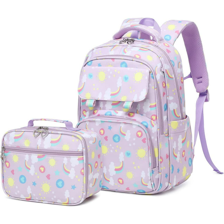 Petmoko School Backpack for Girls,Cute Rainbow-Print Backpacks with Lunch Box,Kids School Bag Bookbags for Elementary Preschool(Blue), Girl's, Size