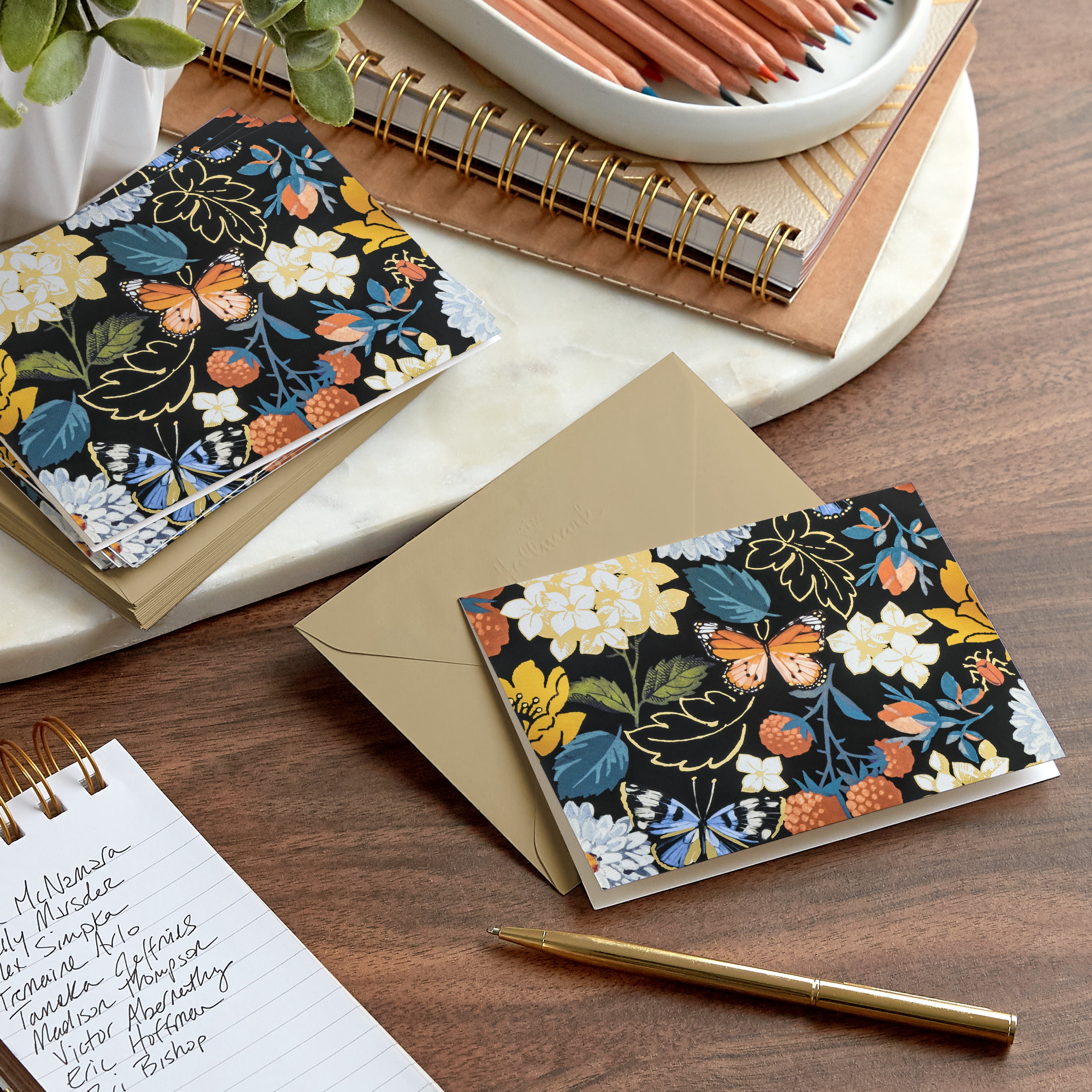 Hallmark Blank Notes (Flowers and Butterflies on Black), 10 Count