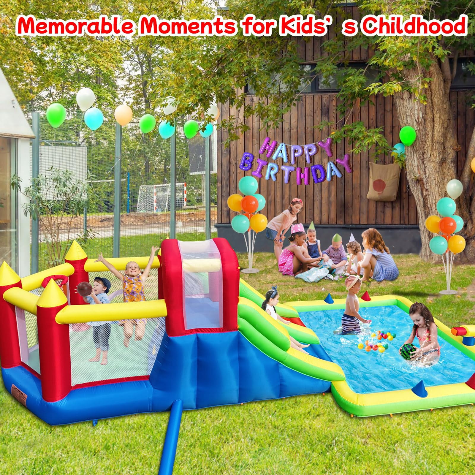 10-in-1 Inflatable Water Park Giant Backyard Play Center with 2 Slides