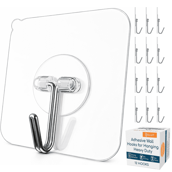 GLUIT Adhesive Wall Hooks for Hanging Heavy Duty 22 lbs Towel Hooks Stainless Steel PVC 12 pack