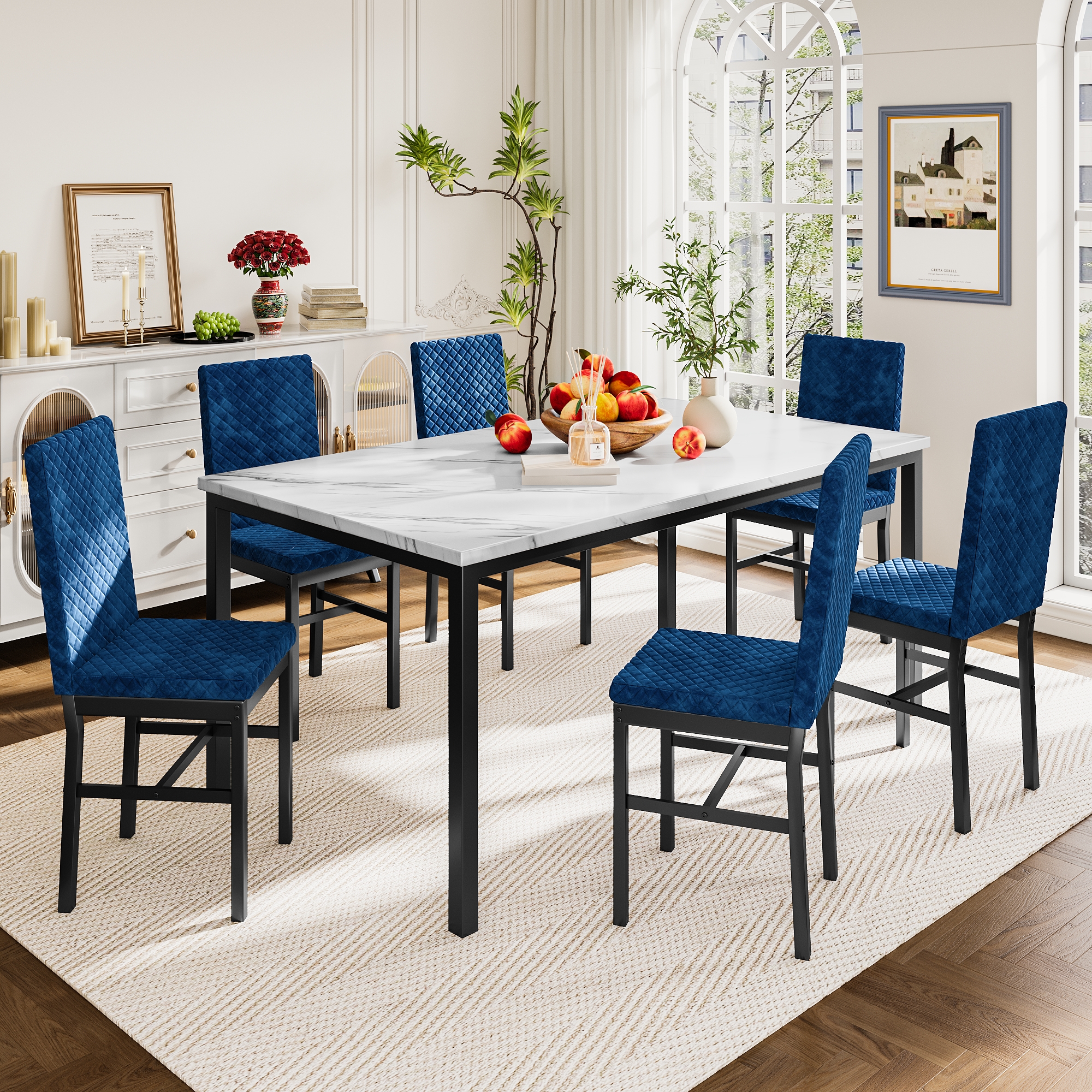 Recaceik Modern 7 Piece Dining Room Faux Marble Velvet Chairs Sets for 6, Blue