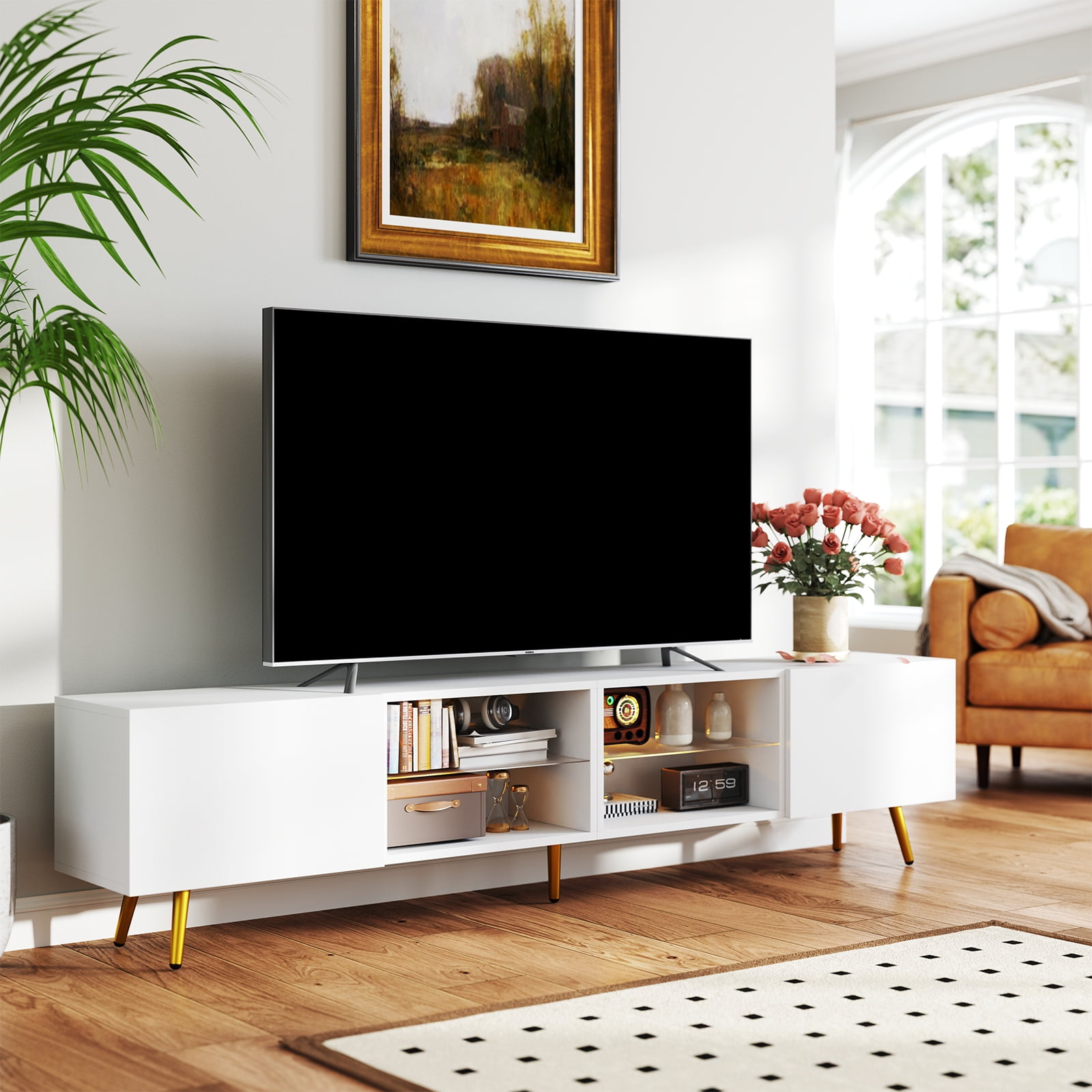 Bonzy Home 86" TV Stand, Television Console Table for 85" TV, Modern Entertainment Center with Storage Cabinets for Living Room, White