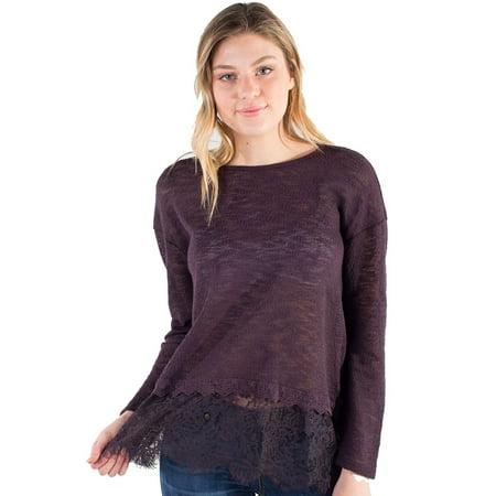 Mock Layer Star - Women's Eyeshadow Sheer Knit Top with Mock Lace Layer