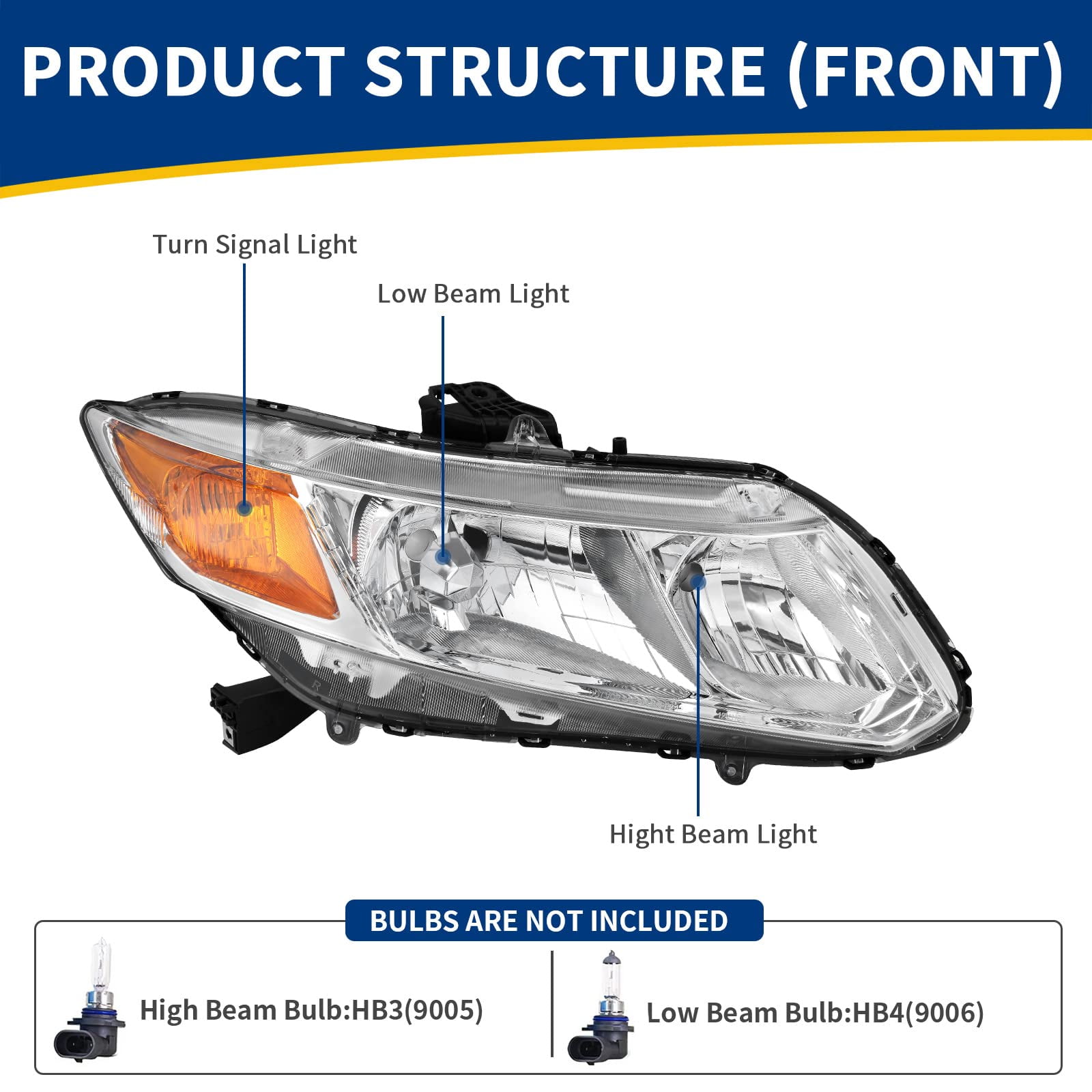 RVNI For 2012-2015 Honda Civic Sedan 4-Door 4Dr Chrome Headlights Amber Corner Lamps
