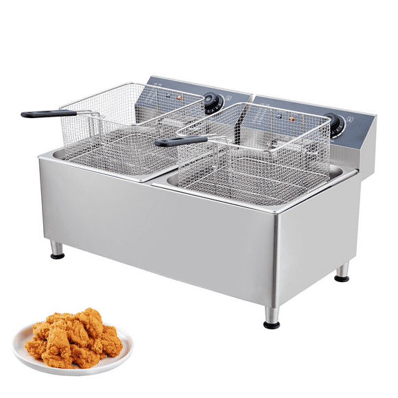 Freidora Eléctrica Comercial 11+11L – Tanque Interior Acero Inoxidable 304 – Canasta y Control de Temperatura – Doble Protección – Restaurante y Camión de Alimentos
