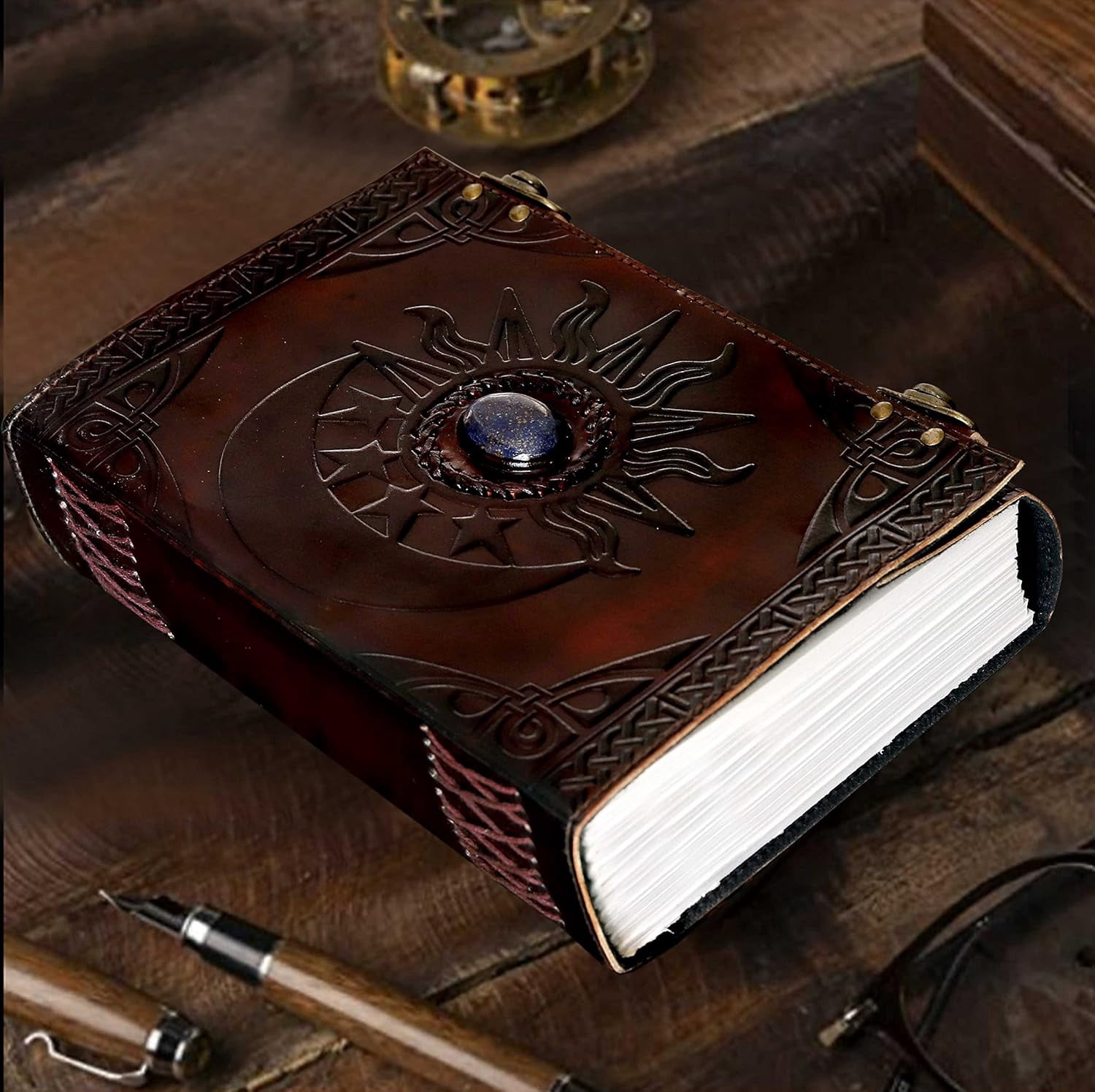 Leather Journal with  and Moon Embossing and Blue Stone Detail - Vintage Water Buffalo Diary for Writing Sketching