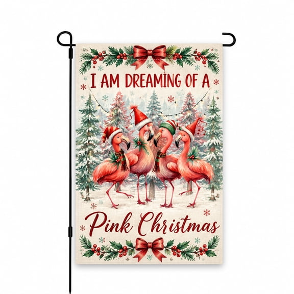 Christmas Flamingo Garden Flag 12x18 Inch - Pink Flamingos in Santa Hats Winter Scene - Outdoor Yard Patio Decor for Festive Holiday Display