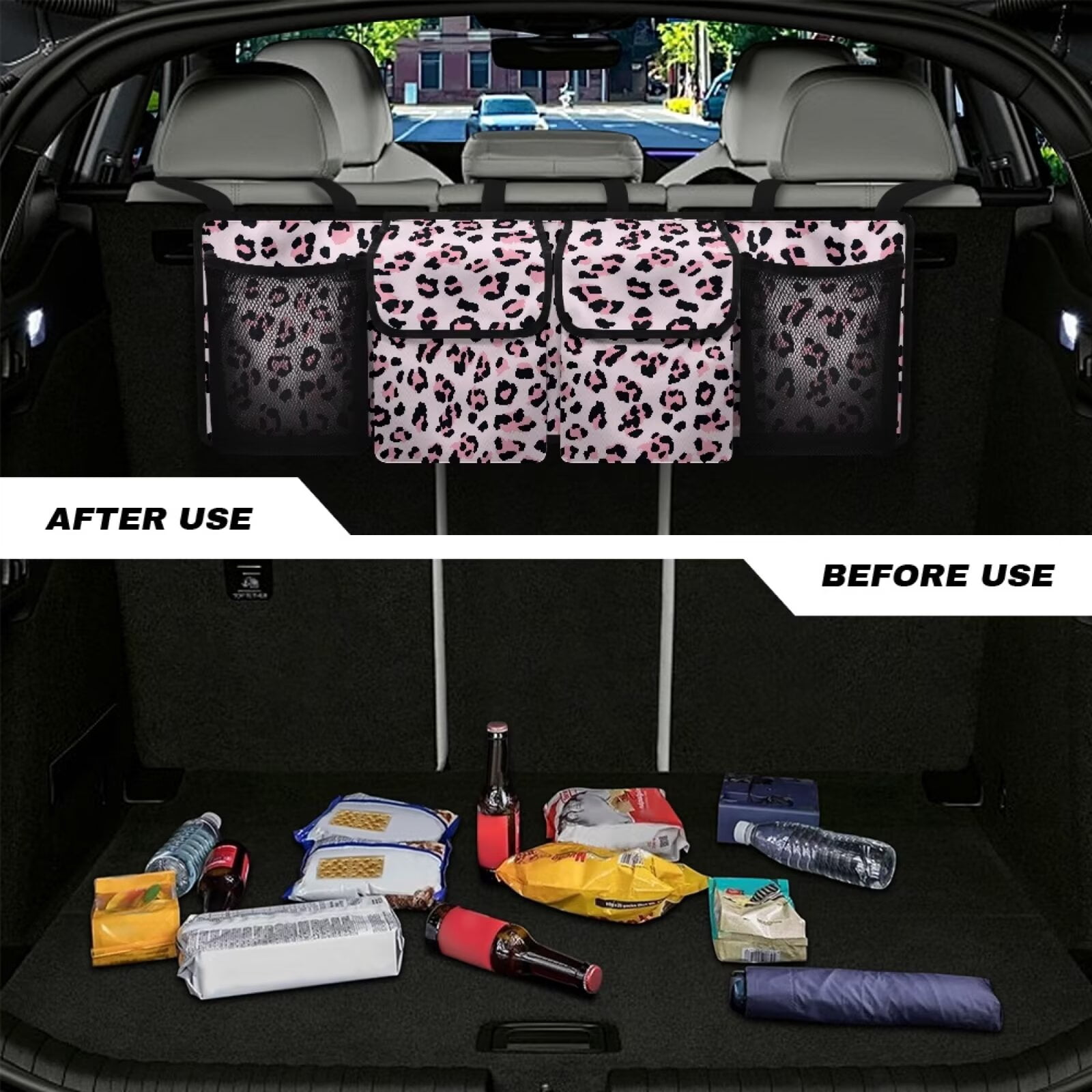 KUIFORTI Trunk Organizer for Car, SUV, Sedan, Van, Truck, Pink Leopard Print Car Organizer Novelty Automotive Accessories 37.01"*11.8" Car Basket Organizer with Adjustable Straps