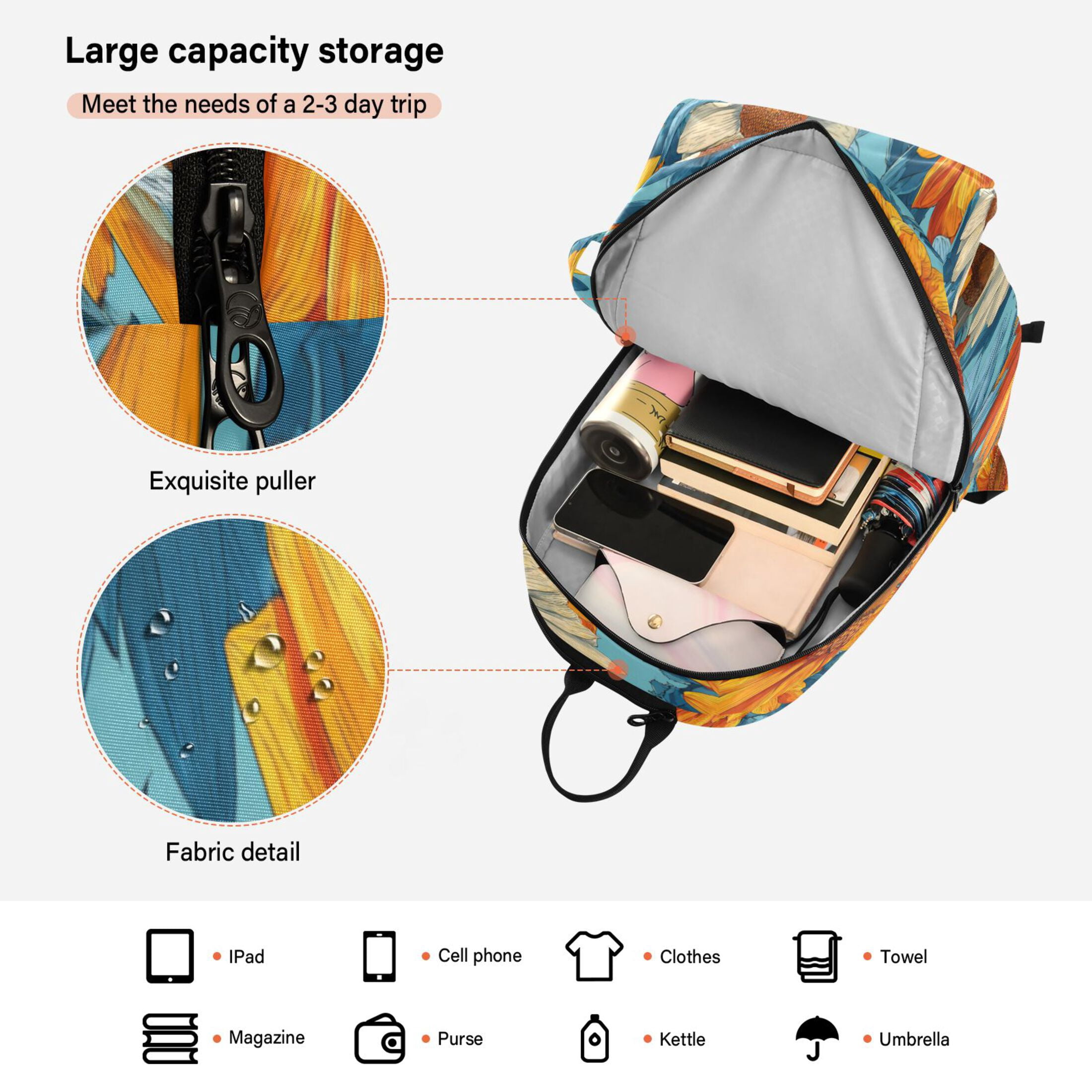 2 Racquet Holder Tennis Backpack Tennis Racket Covers Gym Bags Blue and Yellow Beautiful Sunflowers