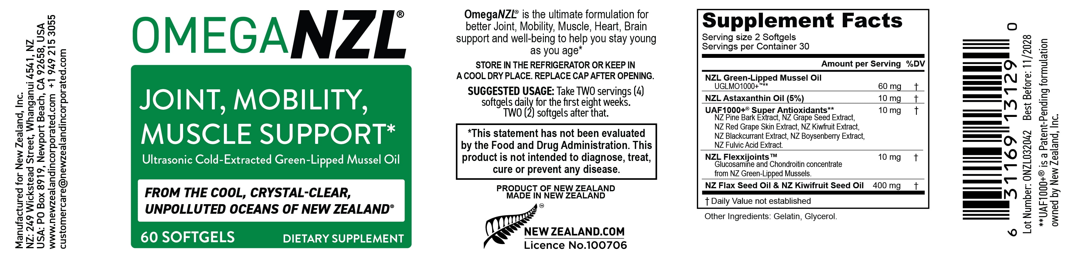 OmegaNZL Original Omega-3 Joint Support Supplement, Green-Lipped Mussel Oil, 5 Bottles, 300 Softgels