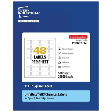 UPC: 0194793900347 | Avery UltraDuty GHS Labels  Waterproof  1 X 1 Inch Square Labels  Pack of 24000 White Labels for Use with Pigment Inkjet Printers