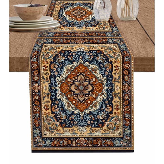Blue Burnt Orange Boho Table Runner 90 Inches, Traditional Ethnic Southwestern Bed Runner Dresser Scarves Tabletop for Indoor Outdoor Parties/Ceremony/Banquet, 13" x 90"