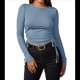thumbnail image 3 of Camisa Corta de Cuello Redondo, Larga y Cordón Lateral para Mujer, Ajustada, Acanalada Gris S, 3 of 7