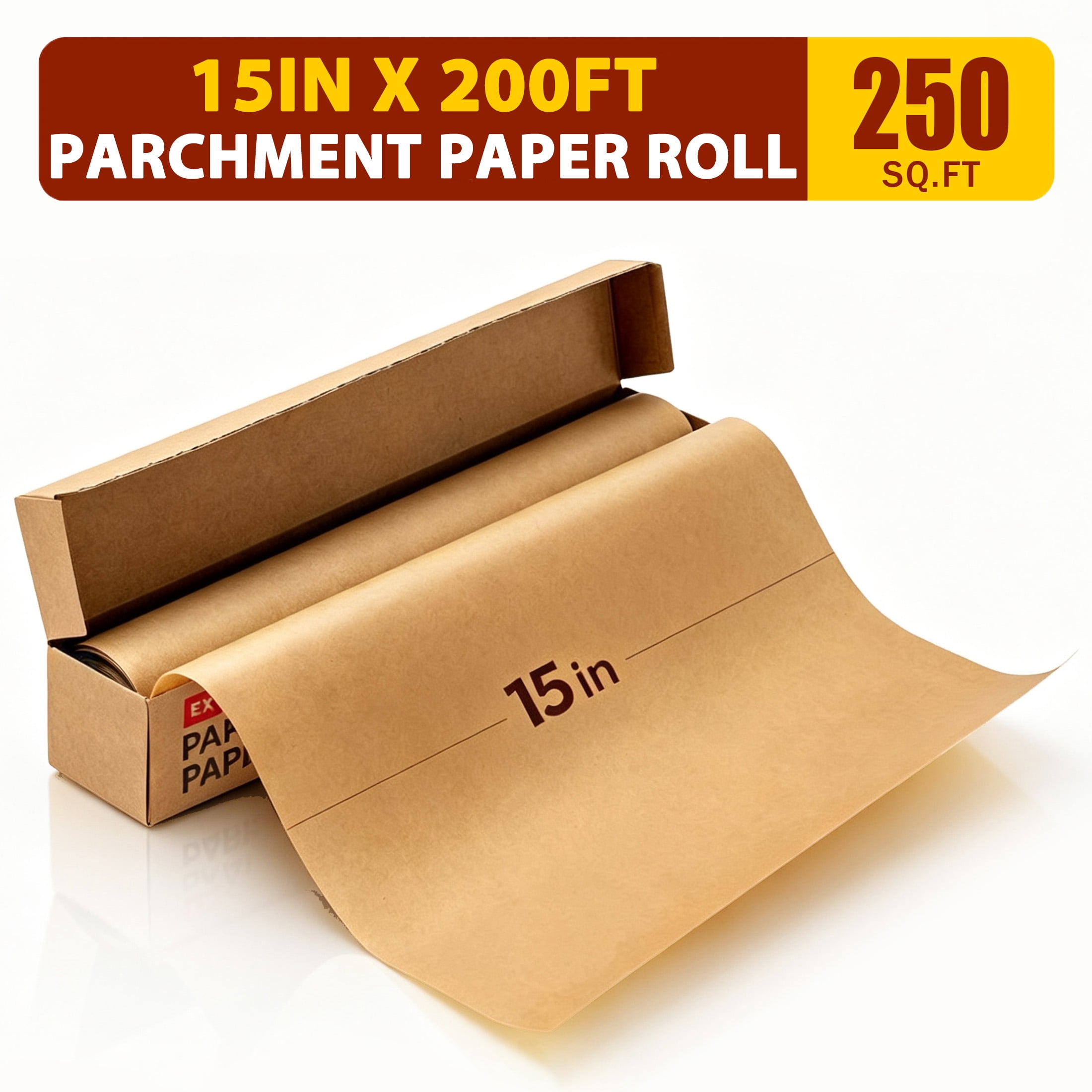 GARITIN Unbleached Parchment Paper Roll 15in x 200ft, Non-Stick Brown Baking Paper 250 Sq.Ft with Serrated Cutter for Baking & Air Fryer