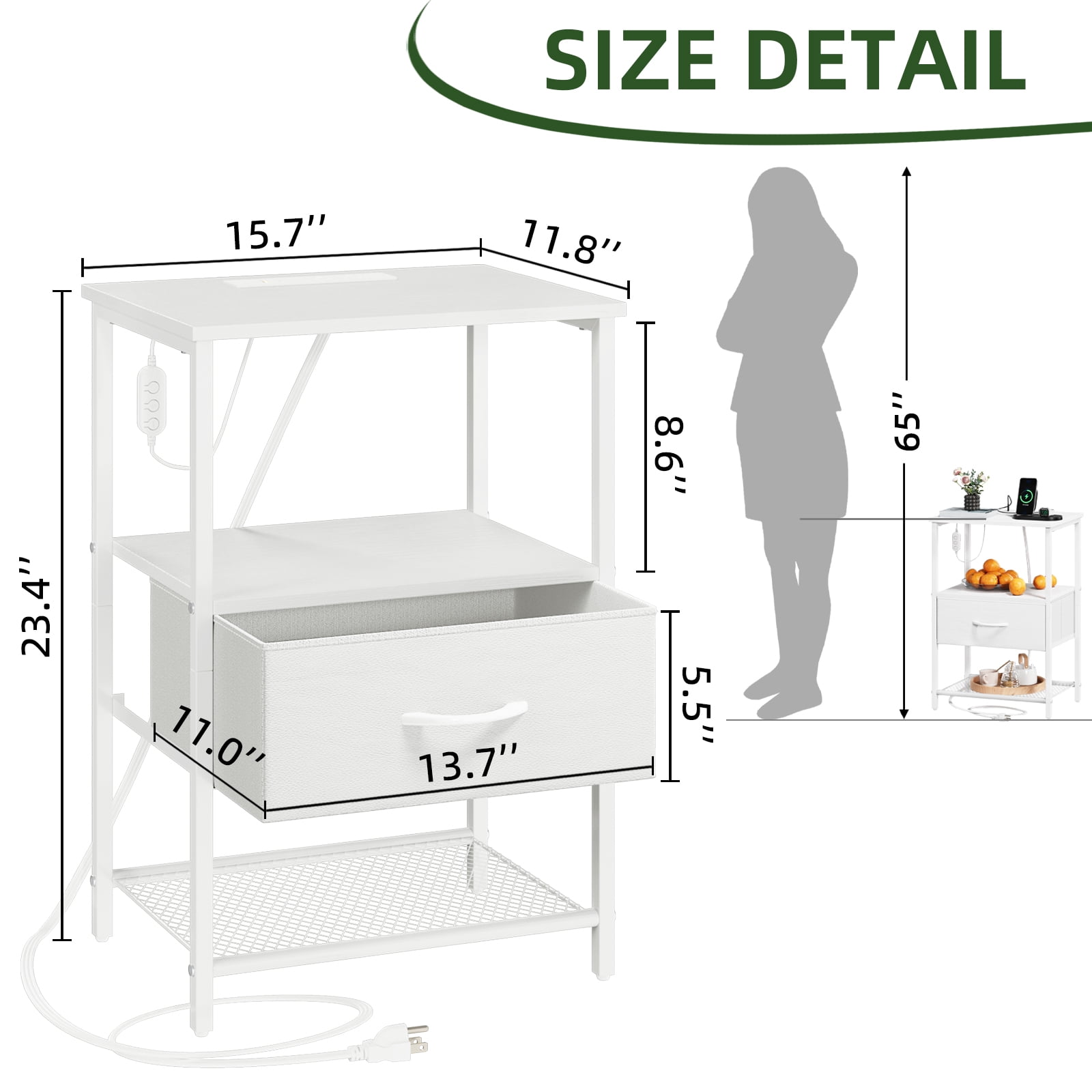 Eunos White Small Nightstand Set of 2 with Charging Station, LED and Storage Shelfs for Bedroom, Living Room