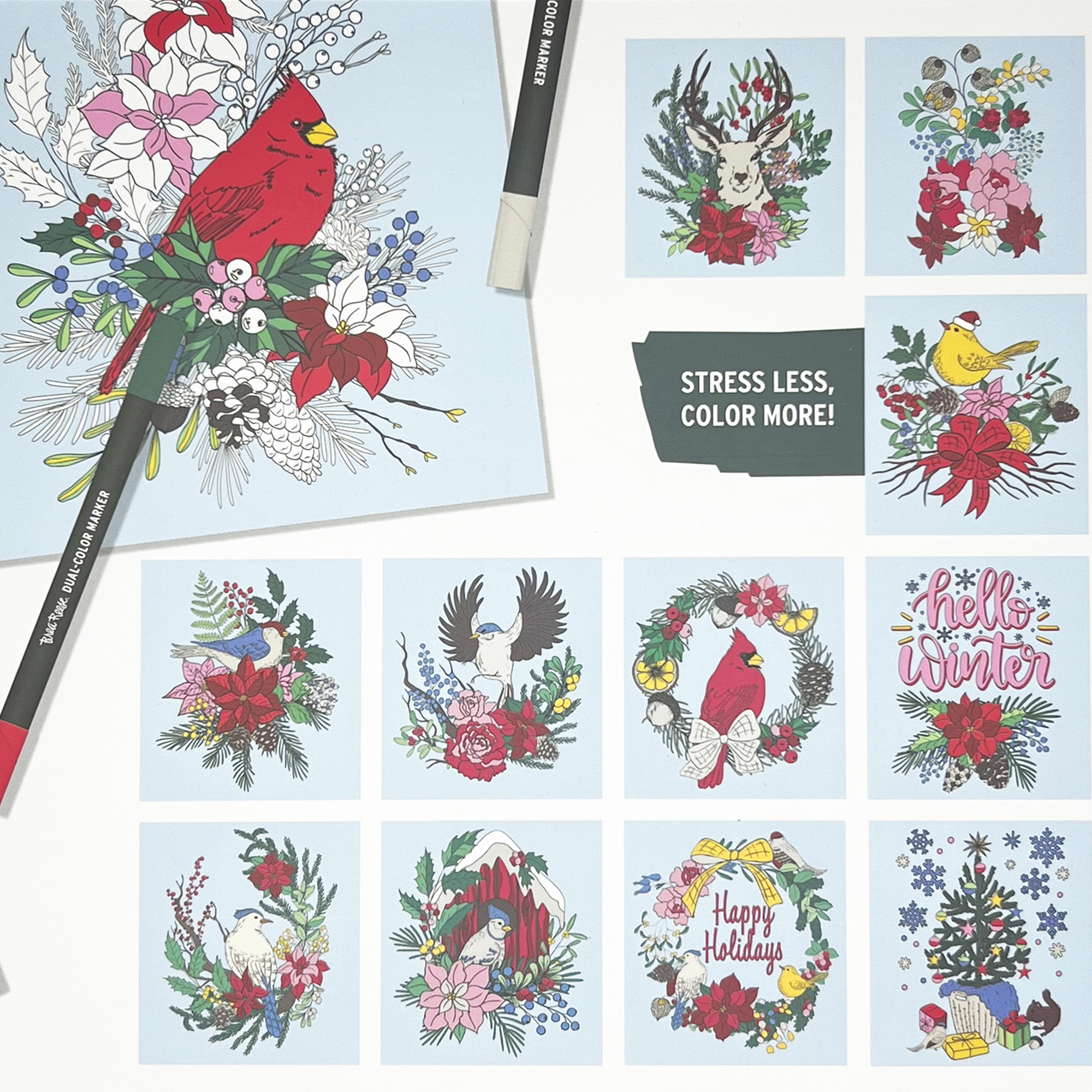 Brea Reese: Marker Coloring Kit - Cardinal - 5 Dual-Sided Markers, 12 Holiday Bird-Themed Coloring Pages, Festive Spiral-Bound Art Pad, Adult Craft